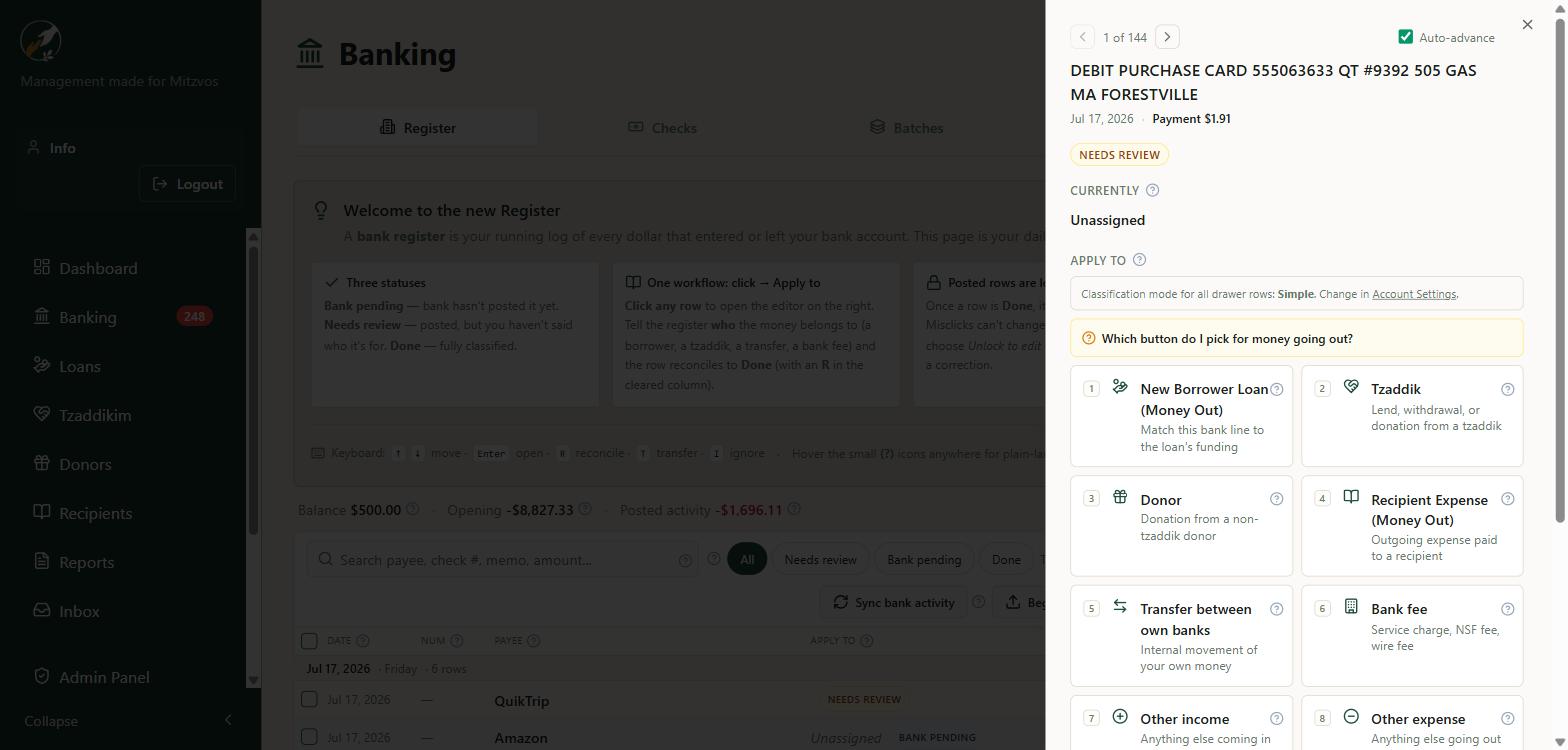 Register assignment shelf with one-click classification